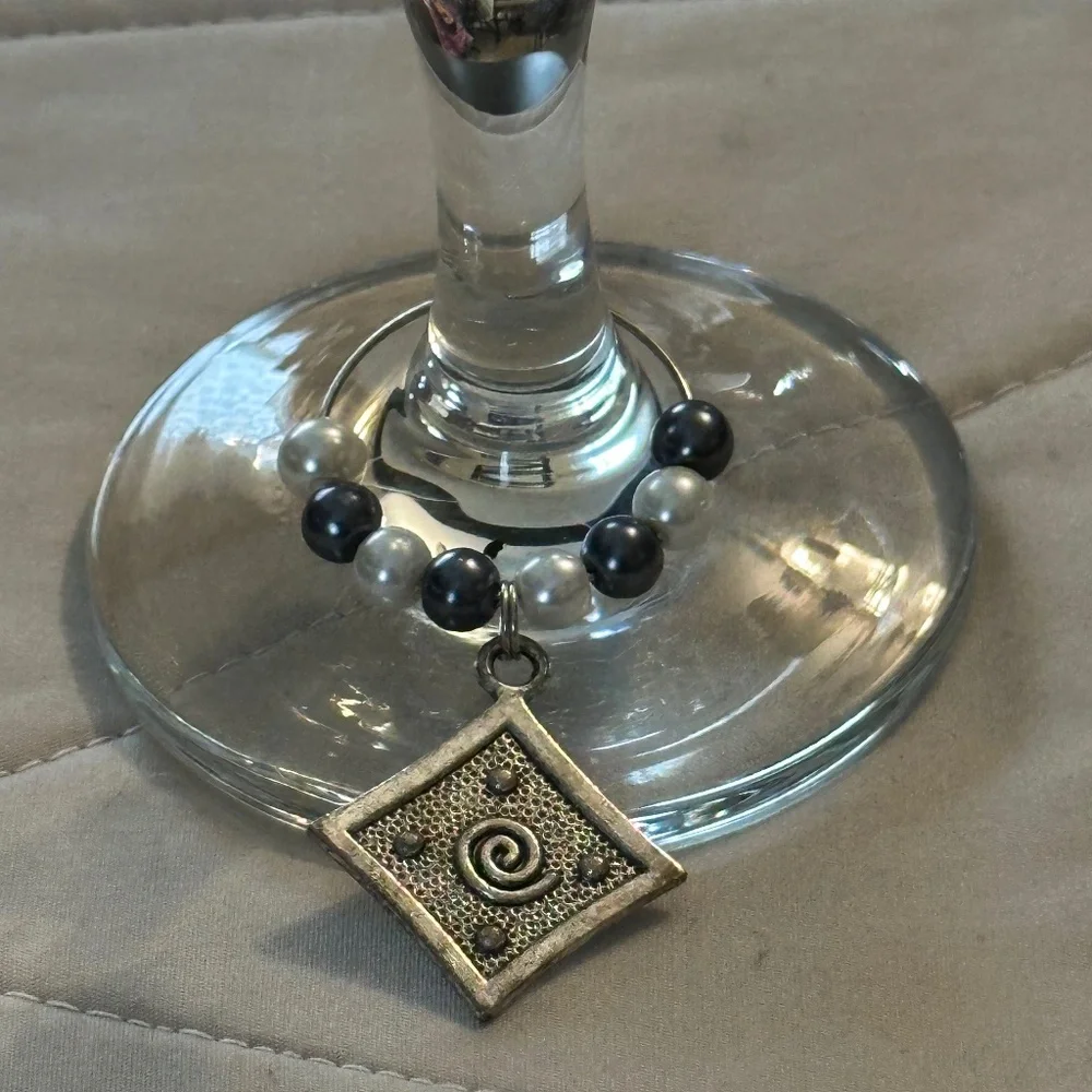 Wine glass tag stainless steel hoop Gray/white beads Swirl in square charm